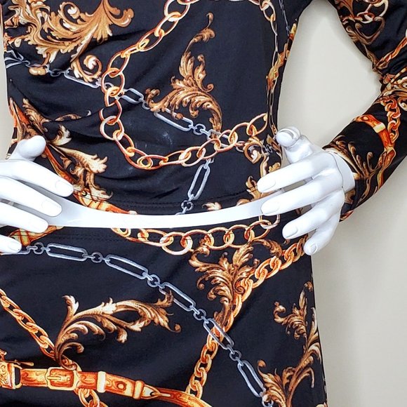 Touch Me Black/Bronze Chain Print One Shoulder Blouse with Asymmetric Skirt SZ L - Picture 7 of 8